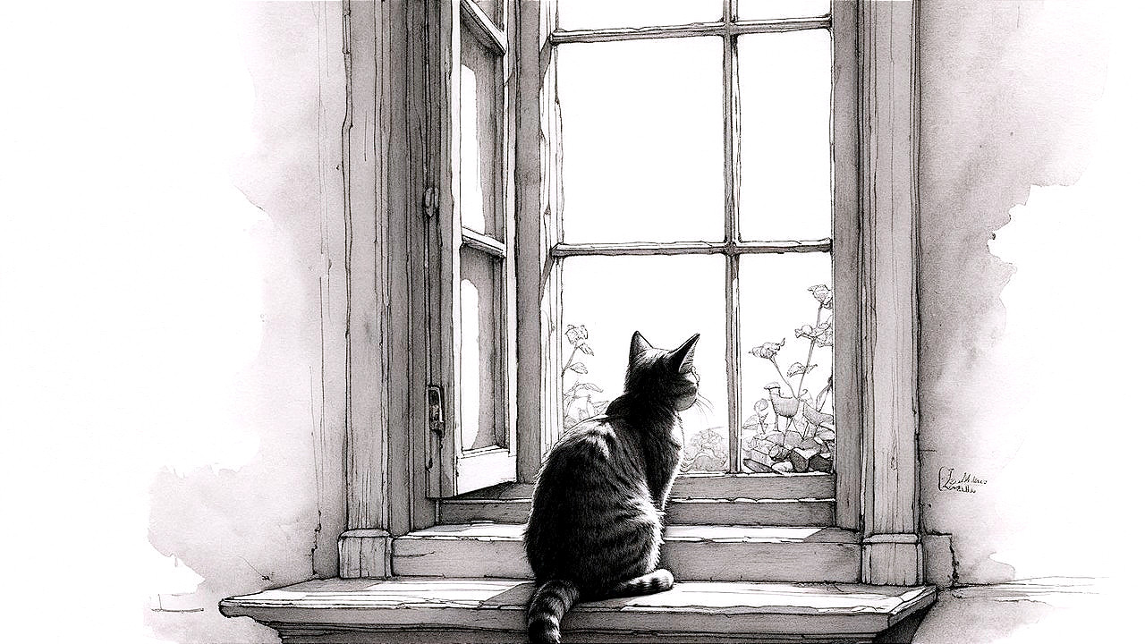Black-and-white illustration of a cat on a windowsill