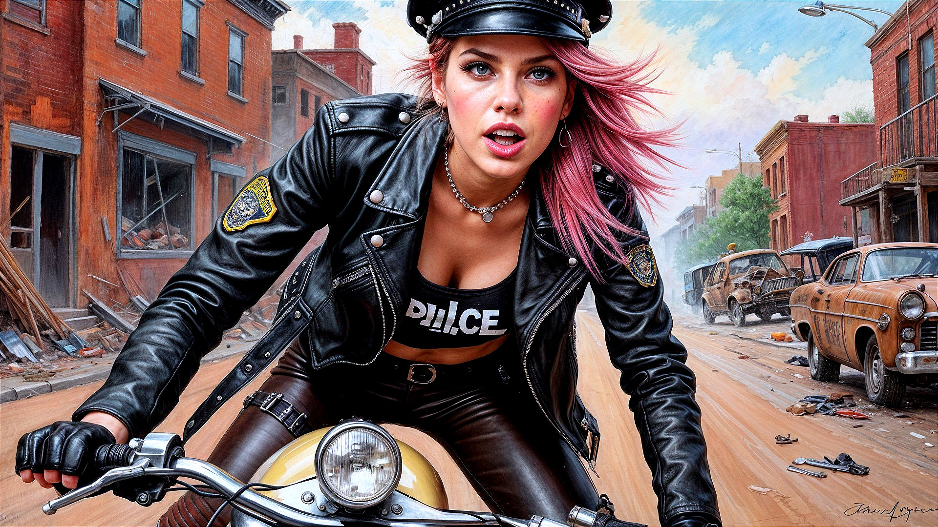 Confident Woman on Motorcycle in Gritty Urban Scene