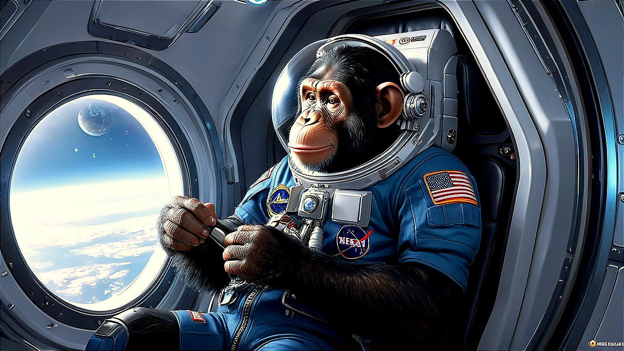 Chimpanzee in Spaceship with Earth and Planet View