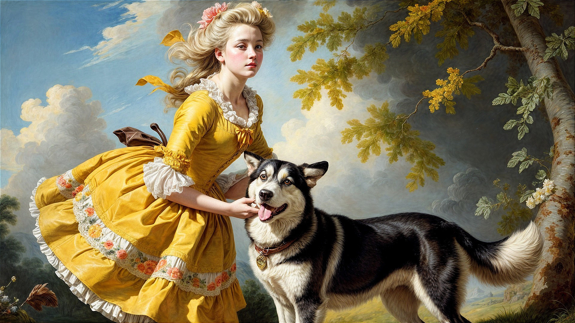 Girl in Yellow Dress with Dog in Serene Landscape