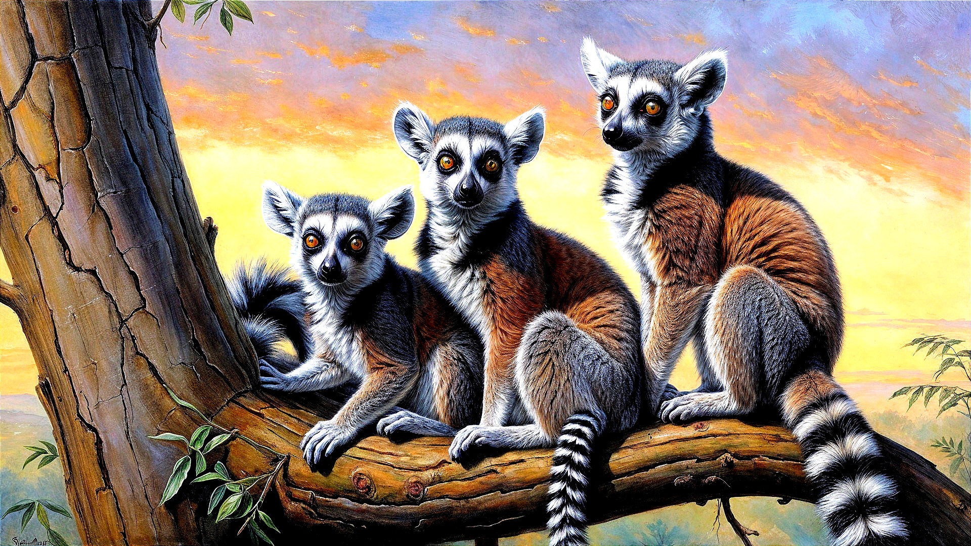 Ring-tailed lemurs on a branch at sunset