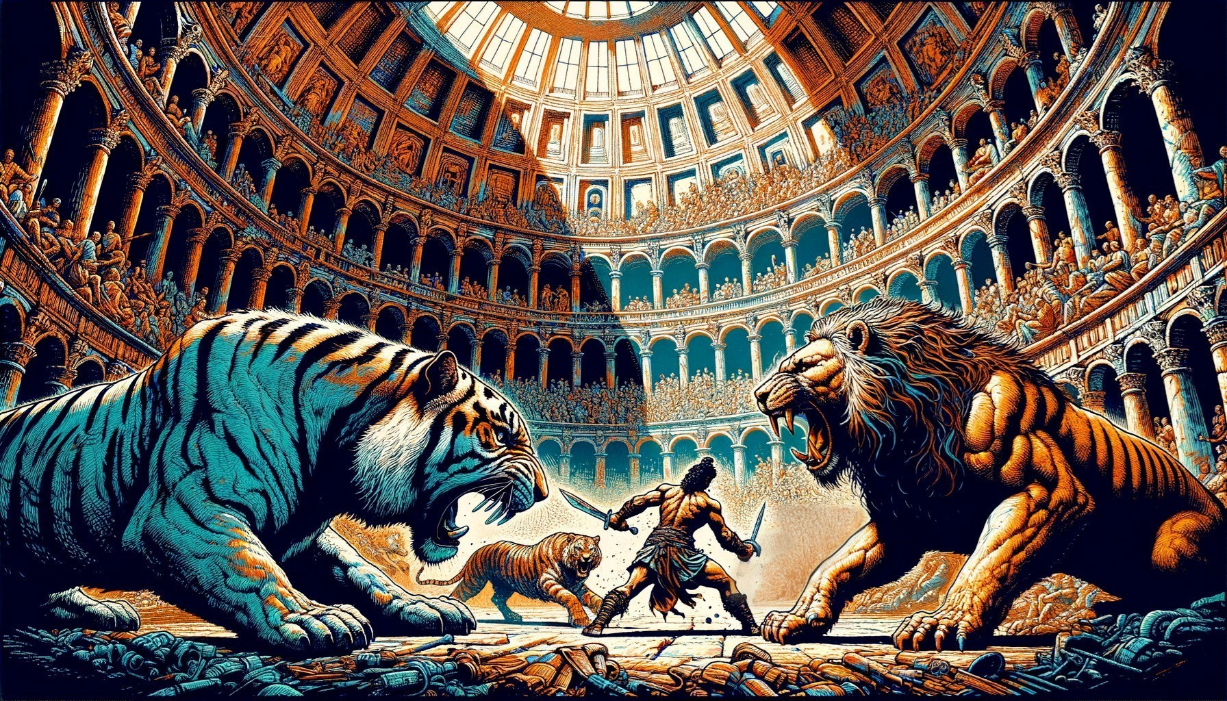 Gladiator Faces Tiger and Lion in Ancient Arena