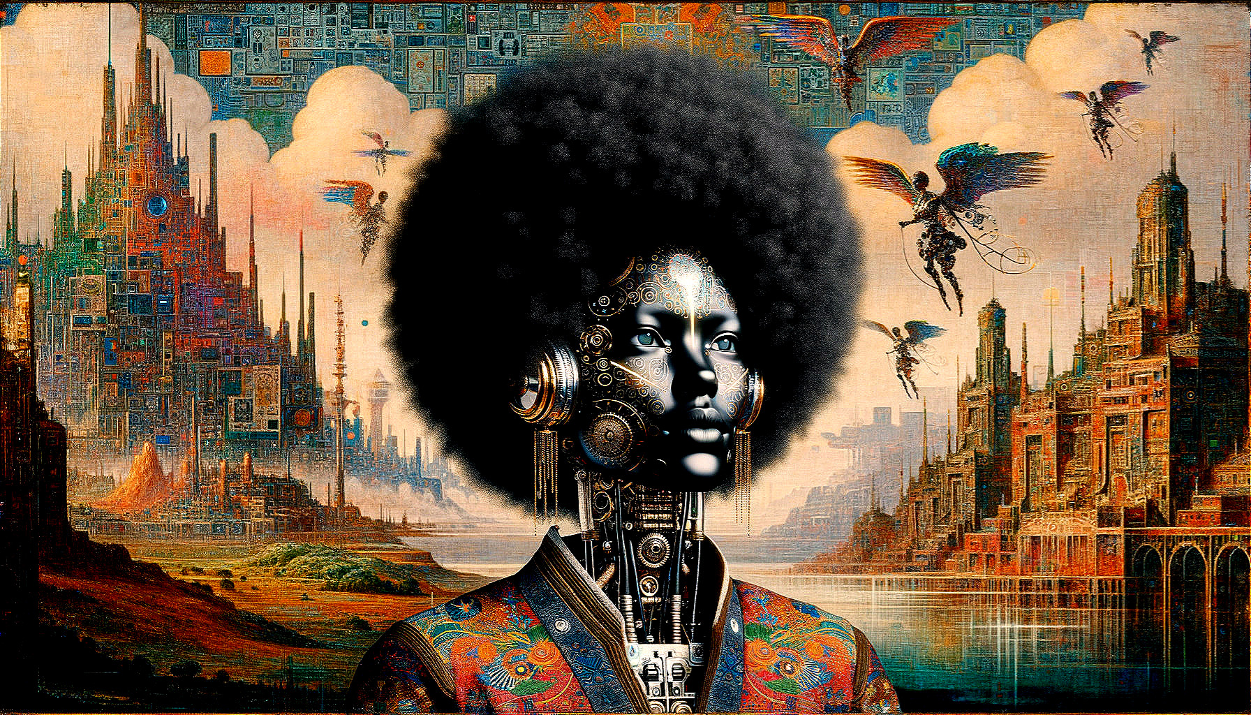 Cyberpunk portrait with afro and mechanical features in futuristic cityscape