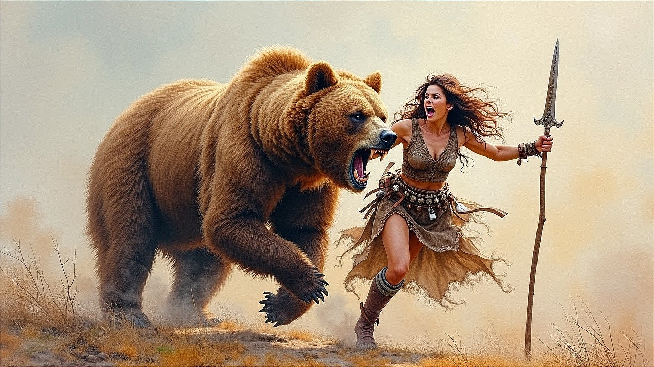 Fierce Warrior Woman and Roaring Bear in Wild Landscape