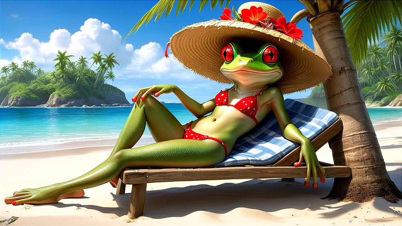 Cartoon Frog in Bikini on Tropical Beach Chair