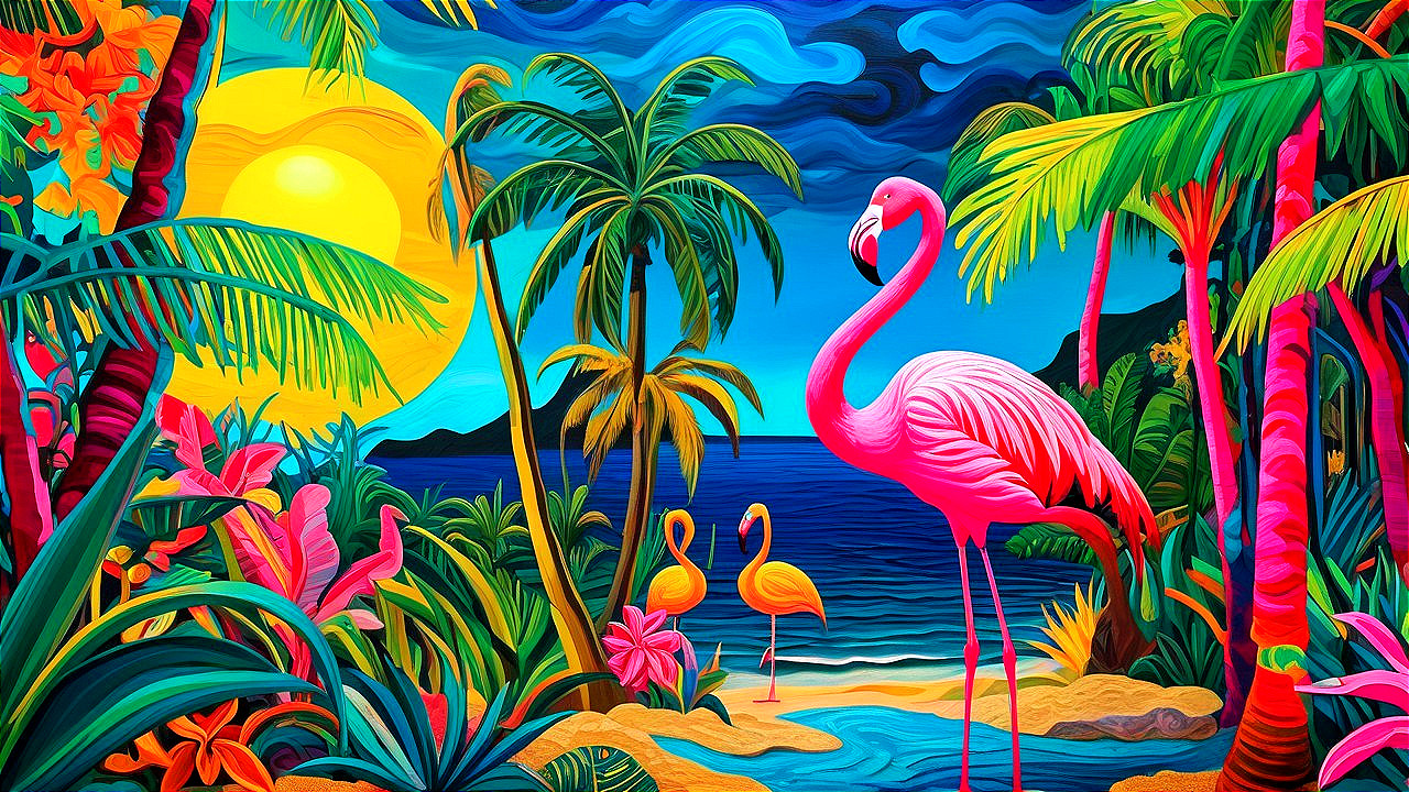 Vibrant Tropical Scene with Flamingos and Sunset