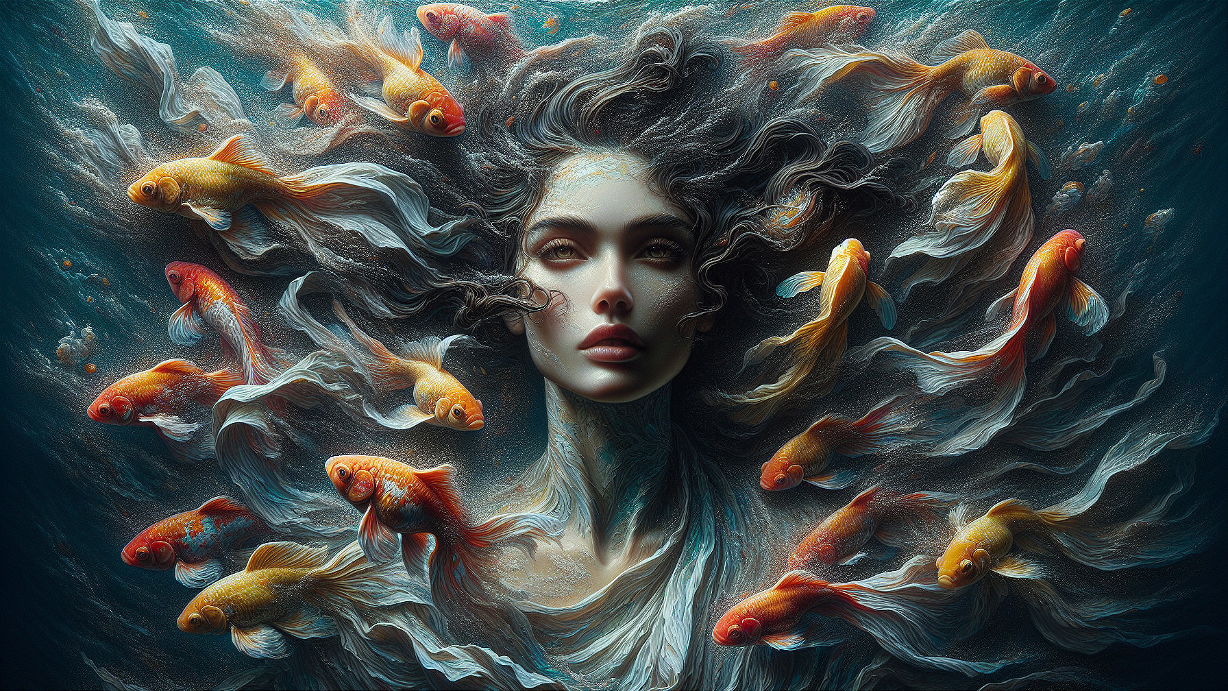 Surreal Portrait of Woman with Goldfish and Water Elements