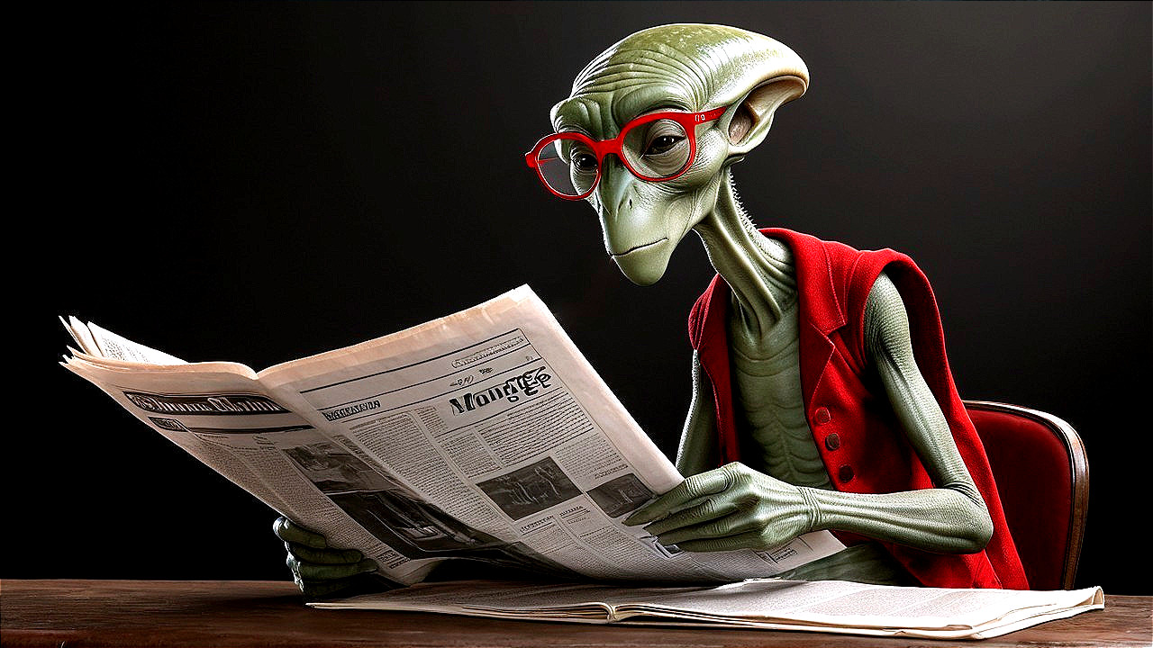 Green Alien Reading Newspaper at Wooden Table