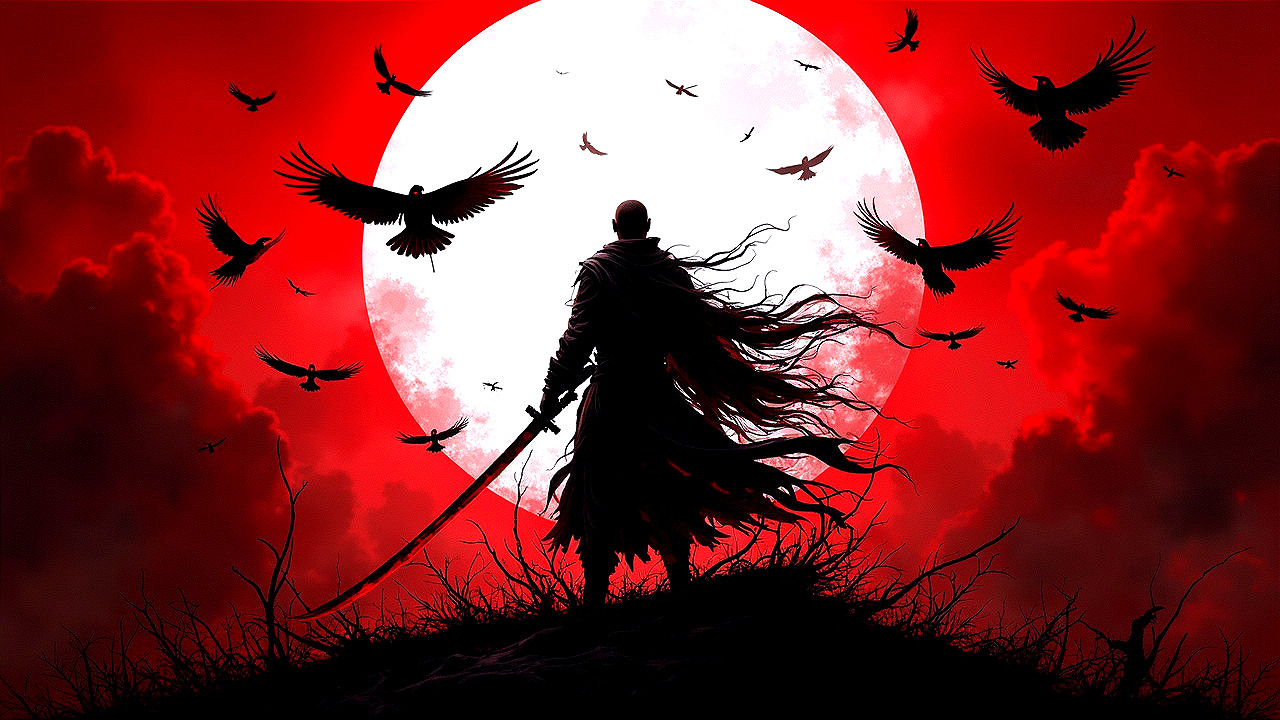 Silhouetted warrior with sword against red moon backdrop