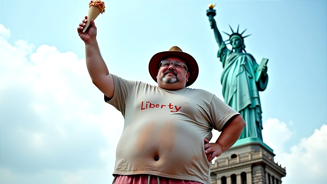 Man with Ice Cream Cone by Statue of Liberty