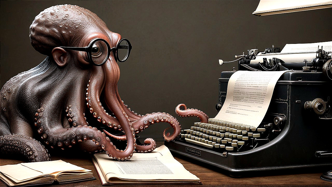 Cartoon Octopus at Vintage Typewriter in Whimsical Scene