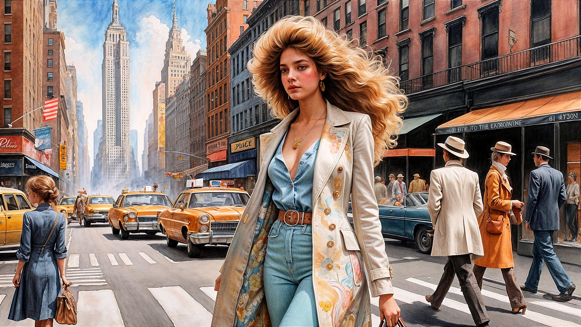 Vibrant City Street Scene with Iconic Landmarks