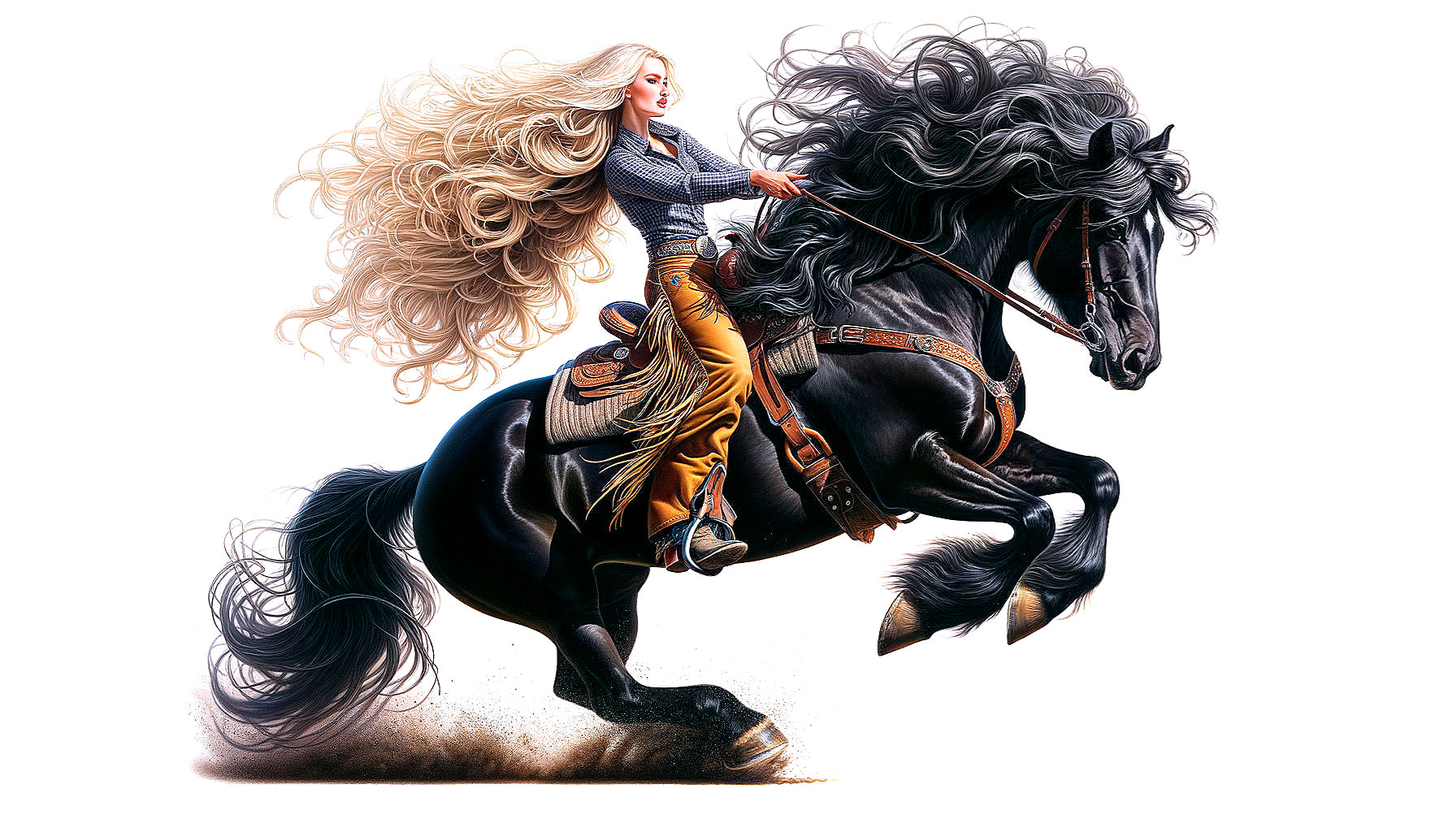 Woman Riding Black Horse with Flowing Blonde Hair