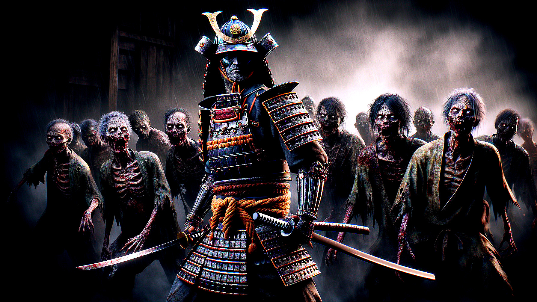 Samurai Warrior Faces Horde of Zombies in Dark Scene