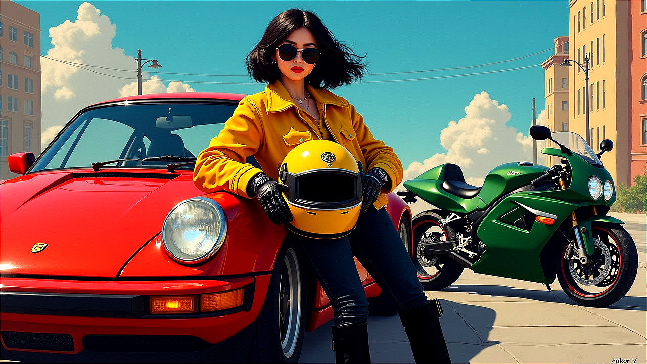Stylish Woman with Sports Car and Motorcycle in City