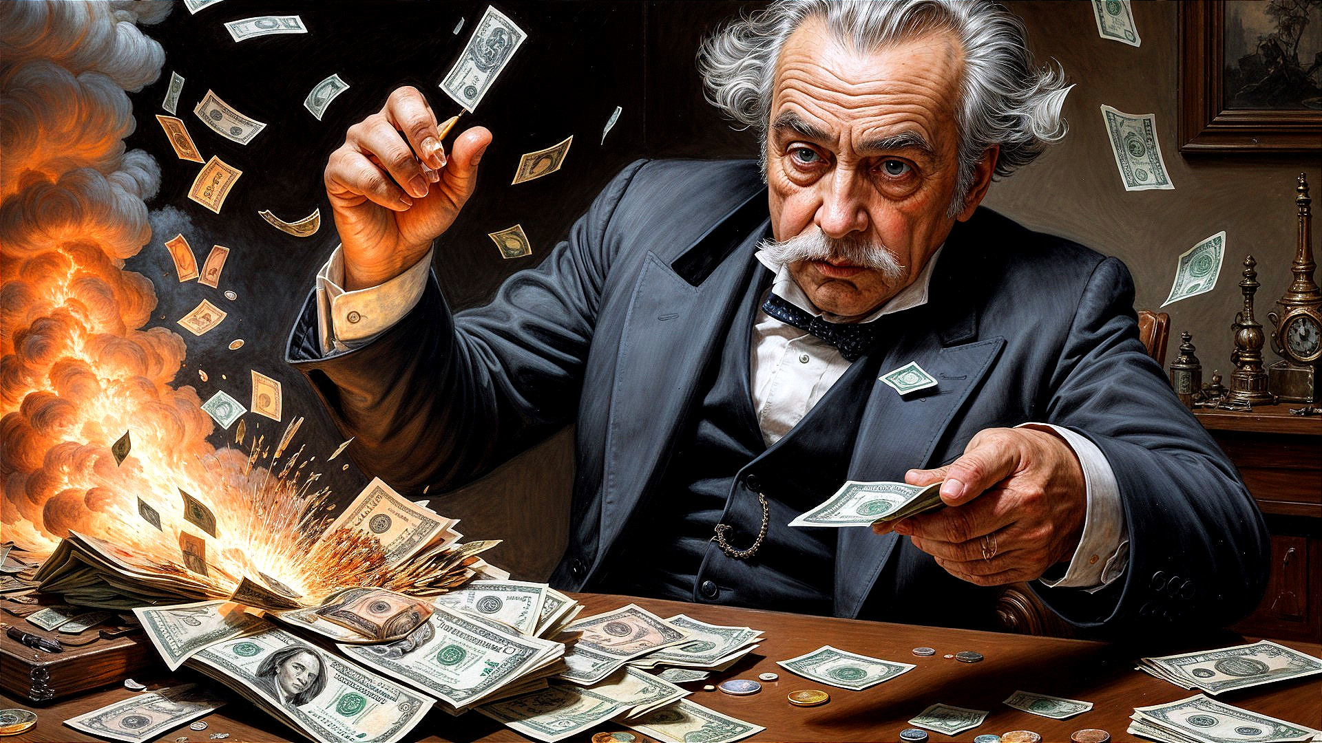 Elderly Man at Lavish Desk Amidst Cash Explosion