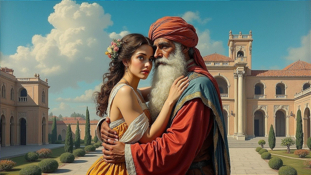 Young Woman and Elderly Man in Courtyard Embrace