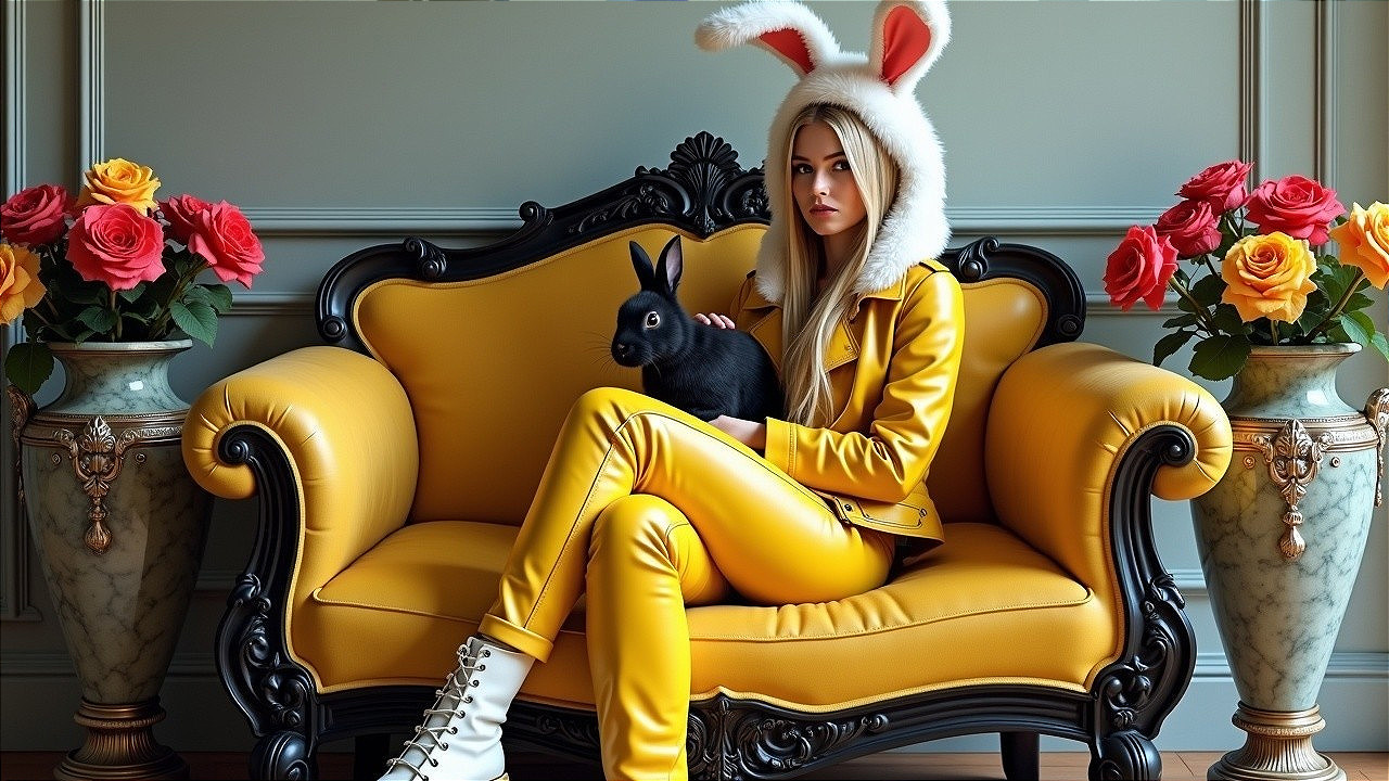 Young woman in bunny hat on yellow antique sofa