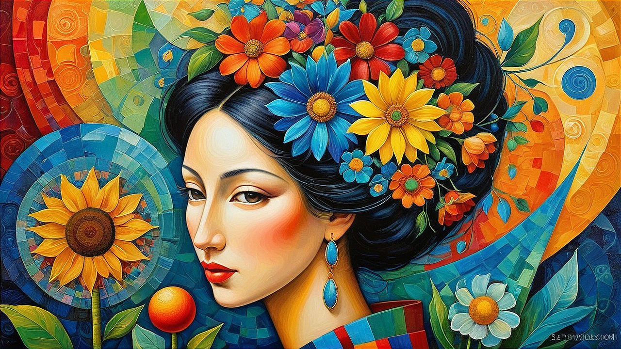Vibrant Portrait of Woman with Floral Headpiece