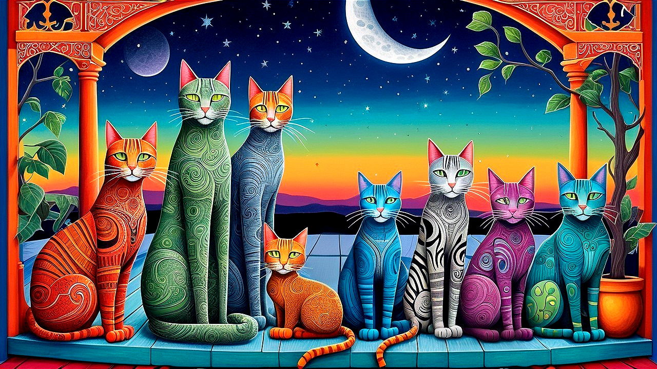Whimsical Scene of Eight Colorful Stylized Cats