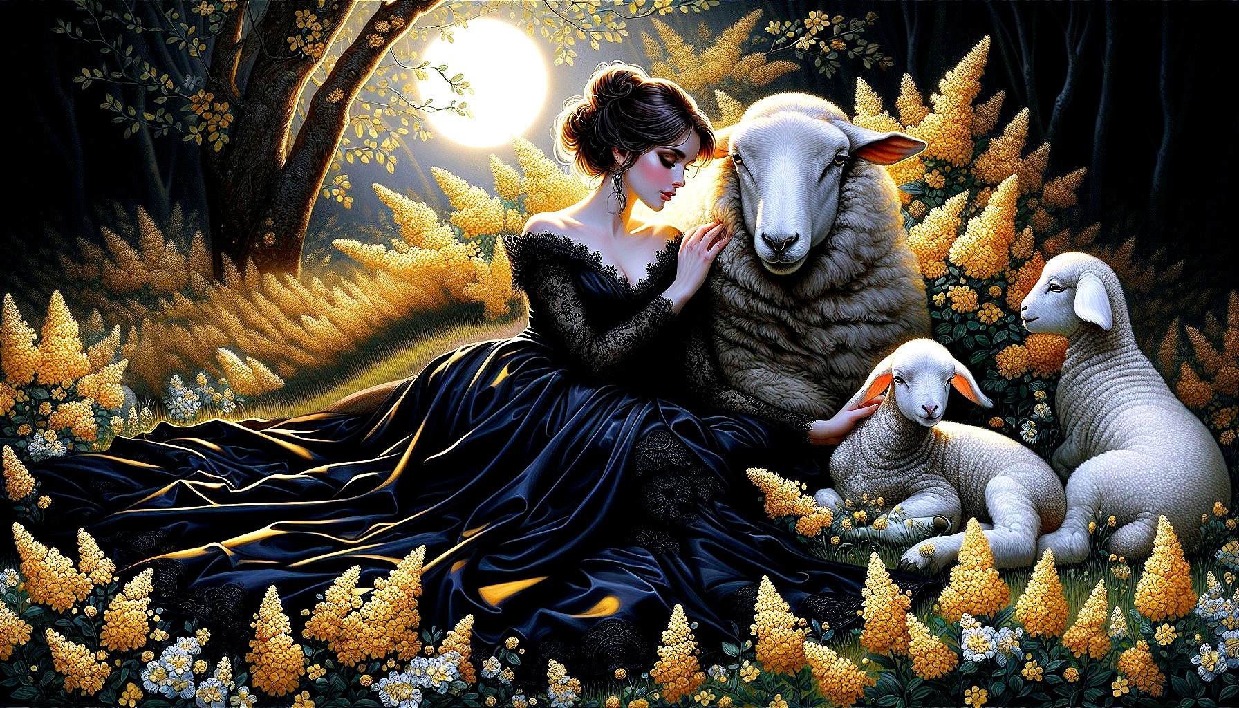 Moonlit Scene of Woman in Black Gown with Sheep