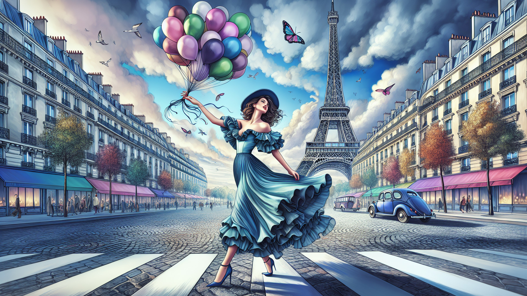 Whimsical Parisian Scene with Woman and Balloons