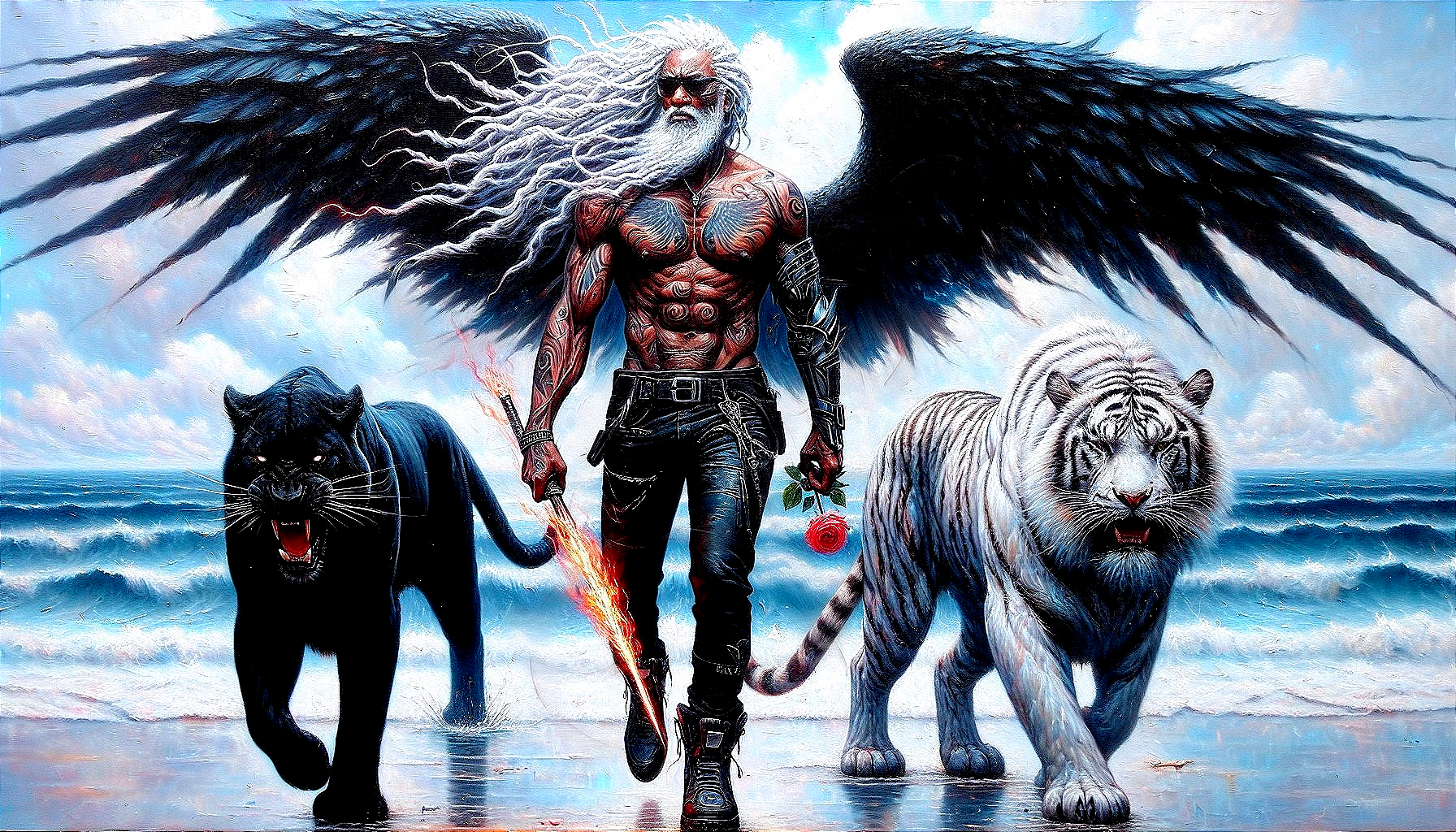 Muscular Figure with Wings and Animals on Beach