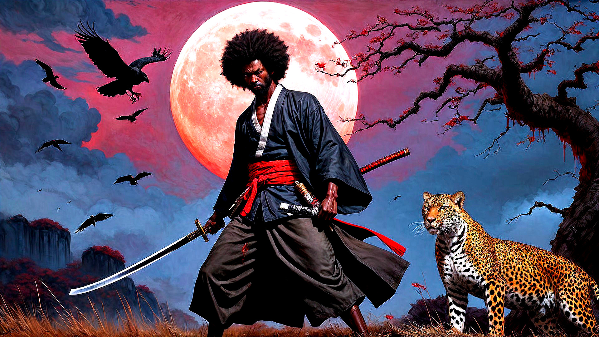 Warrior with Katana and Leopard Under Full Moon
