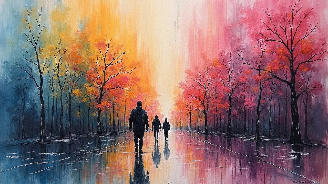 Vibrant Landscape with Figures on Reflective Path