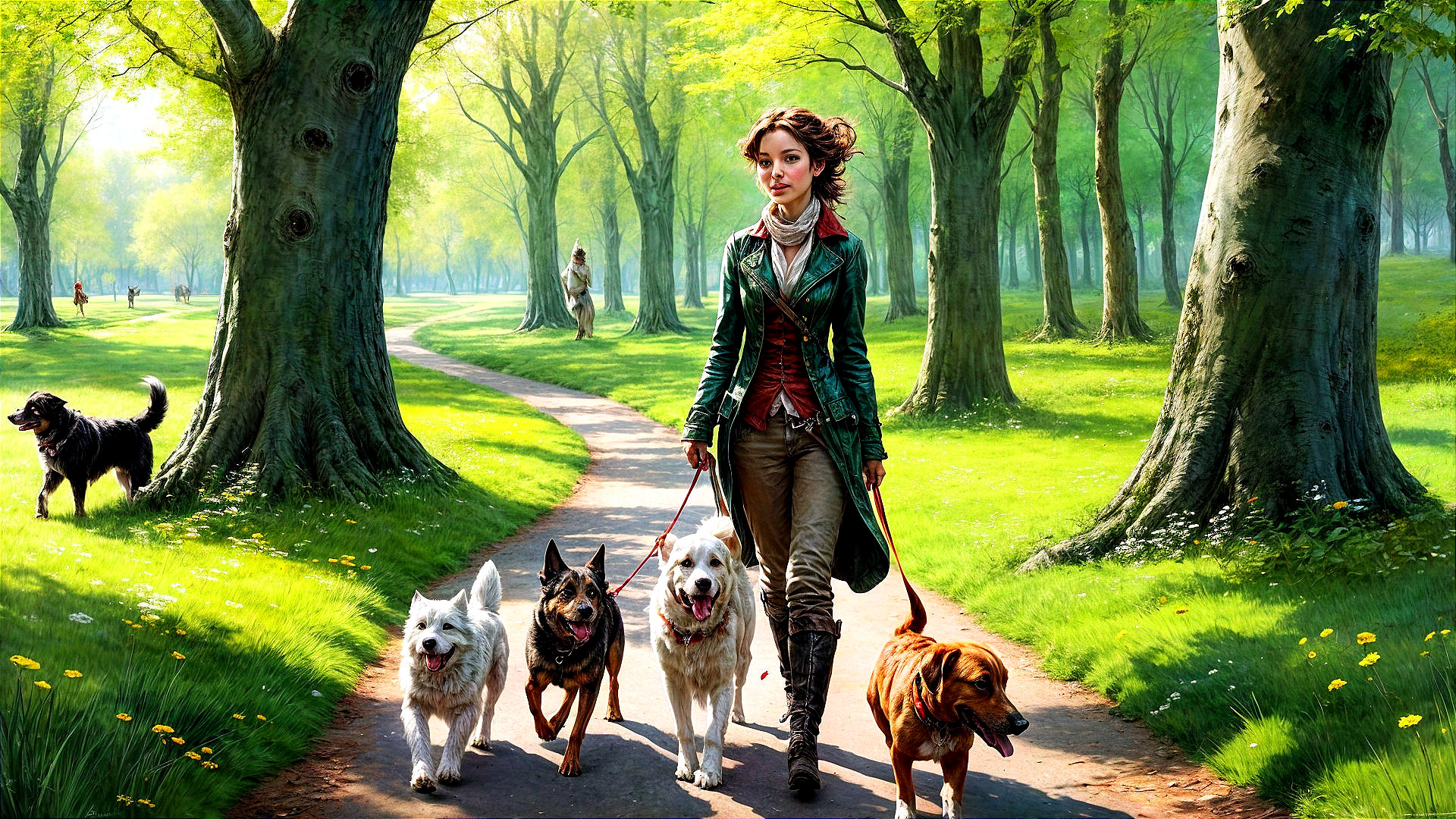 Woman with four dogs on a winding park path
