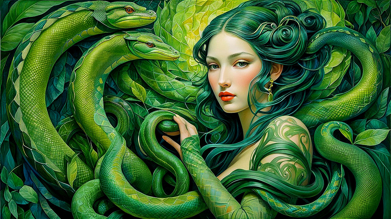 Woman with Green Hair and Snakes in Nature Setting