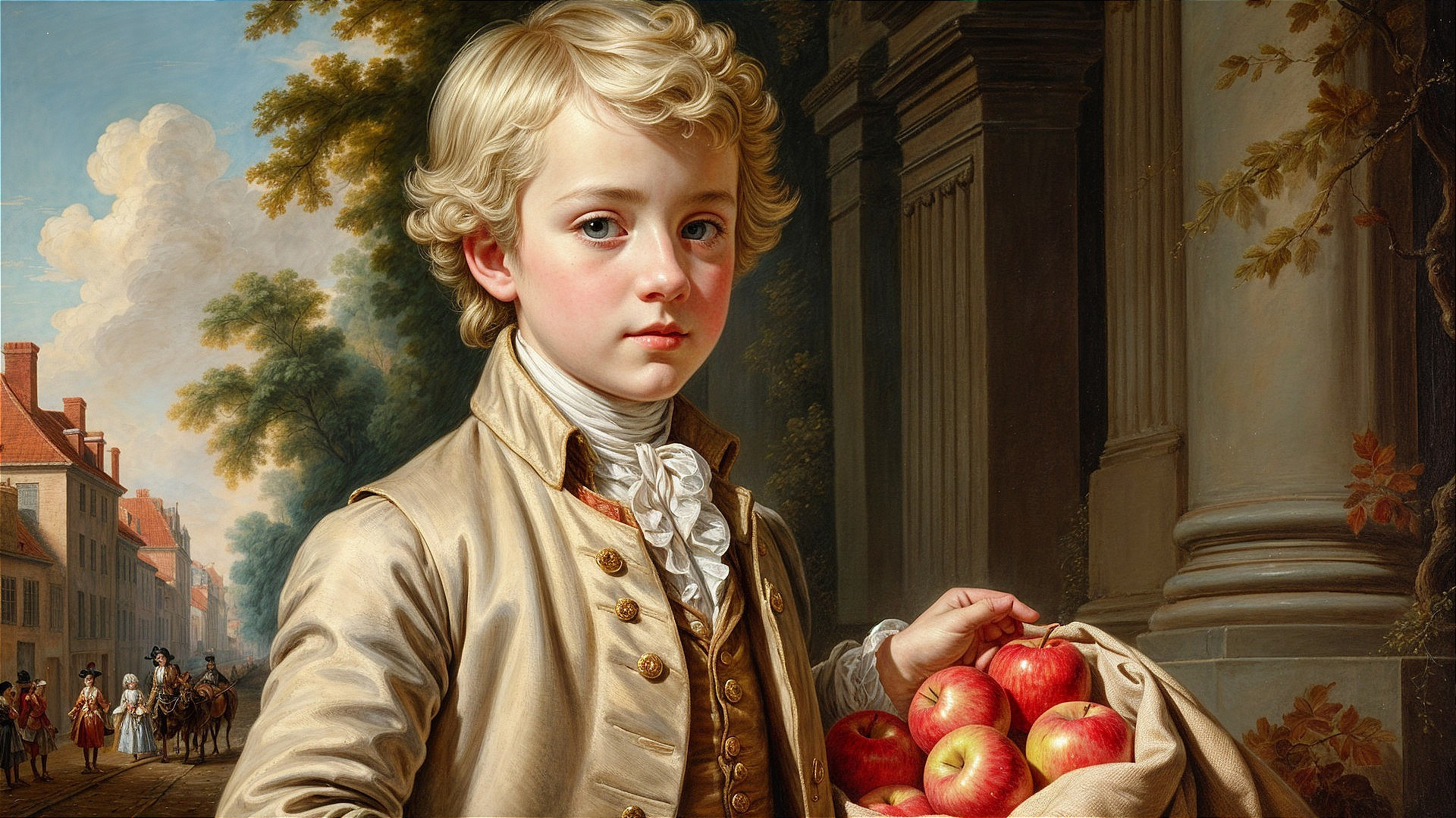 Young boy with apples in village landscape scene
