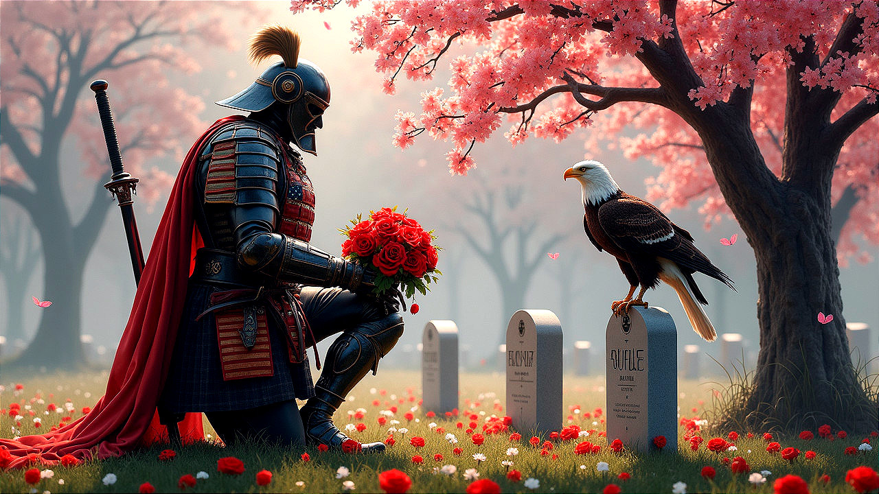 Knight in Armor by Gravestone with Cherry Blossoms
