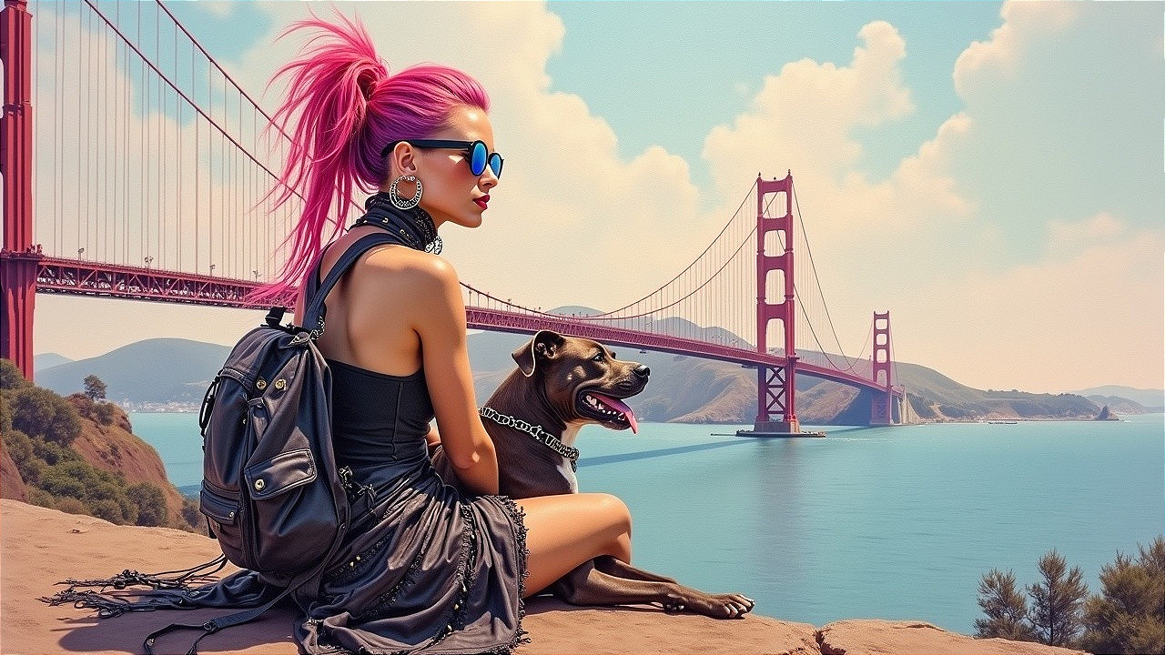 Stylish woman with pink hair at Golden Gate Bridge