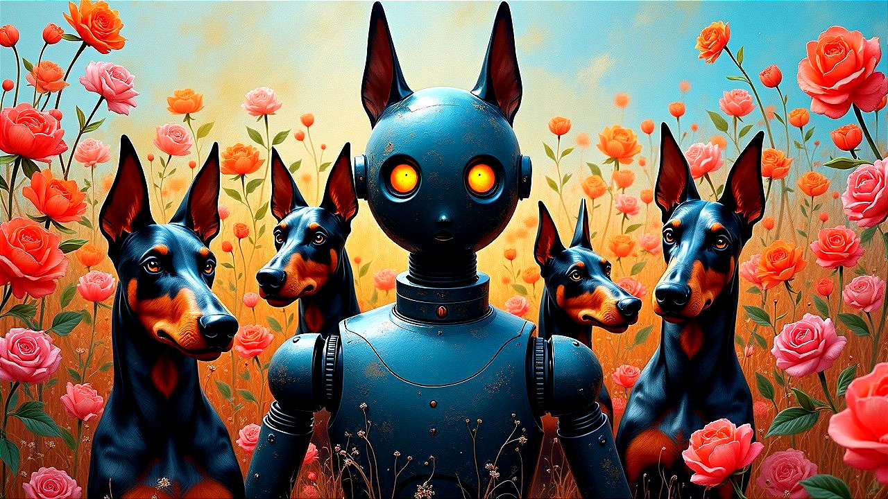 Humanoid Robot Surrounded by Dobermans in Rose Field