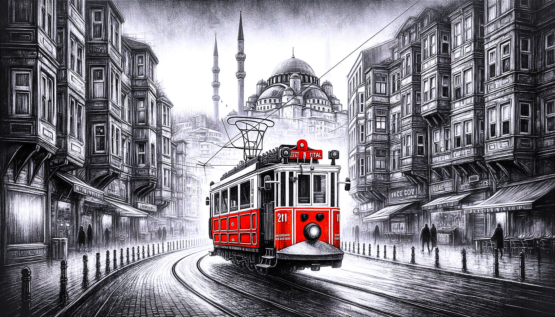 Vintage Red Tram on Cobblestone Street with Mosque