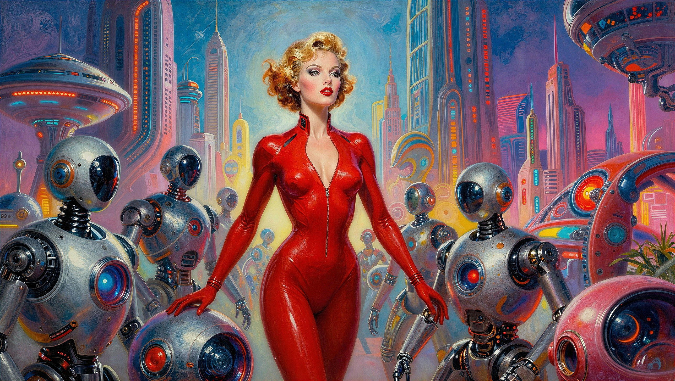 Retro-Futuristic Scene with Glamorous Woman and Robots