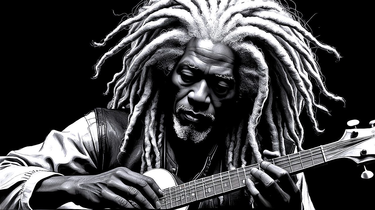Musician with White Dreadlocks Playing Stringed Instrument