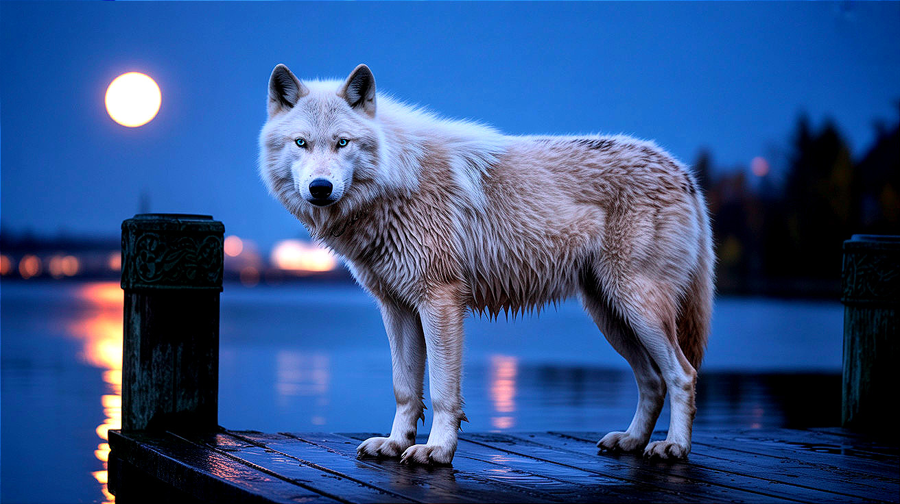 White Wolf on Dock at Twilight Under Full Moon