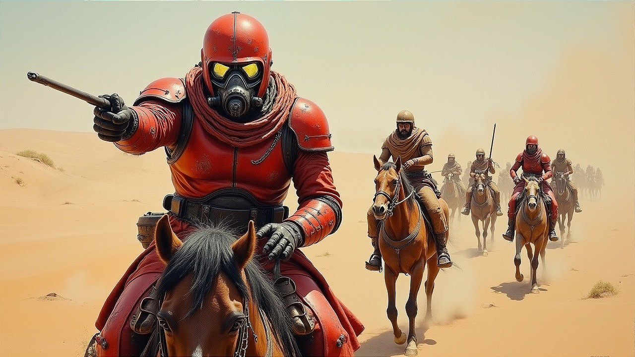 Riders in Red Gear Traverse a Desert Landscape