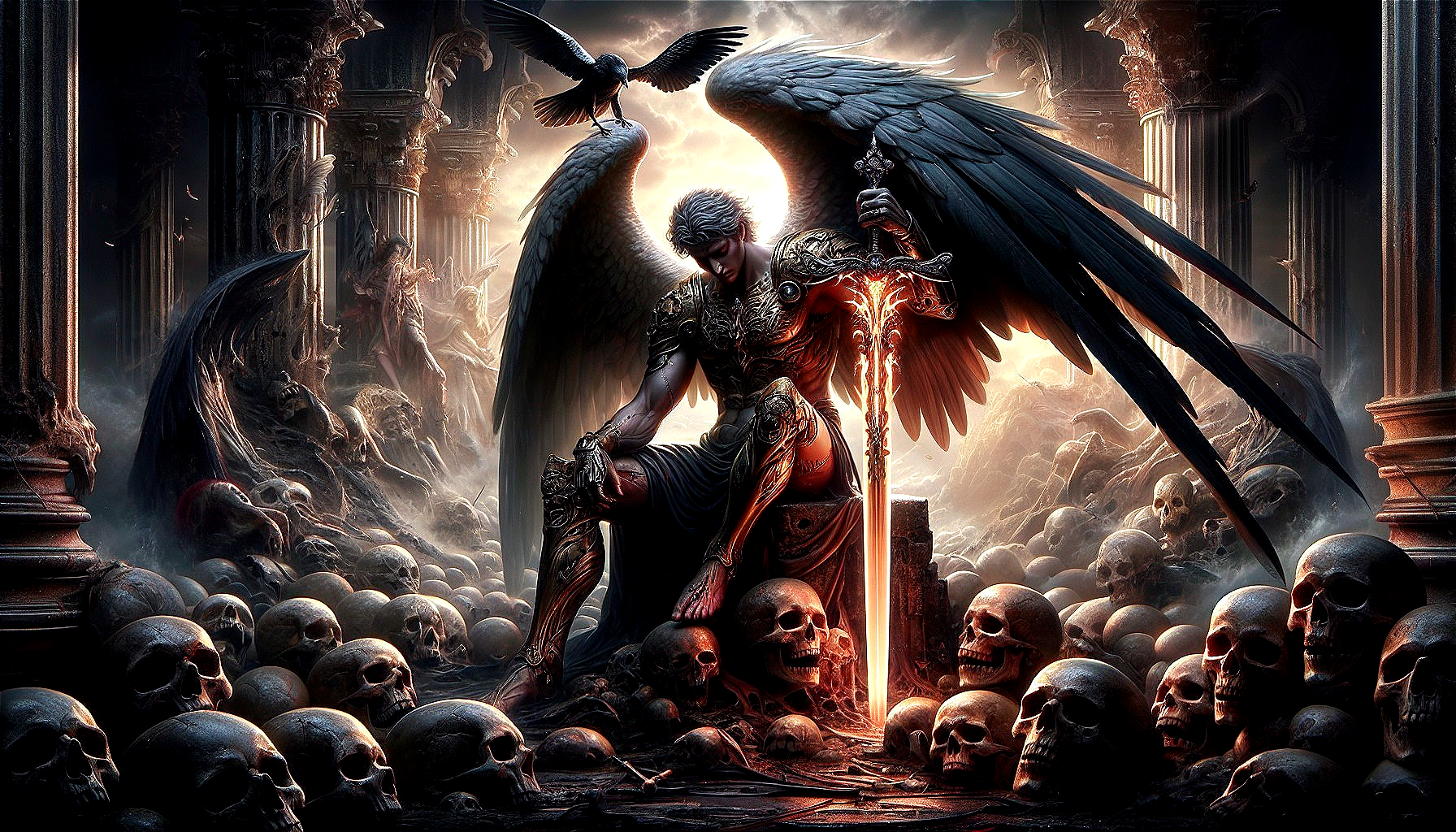 Winged Angel on Throne Amidst Skulls and Darkness