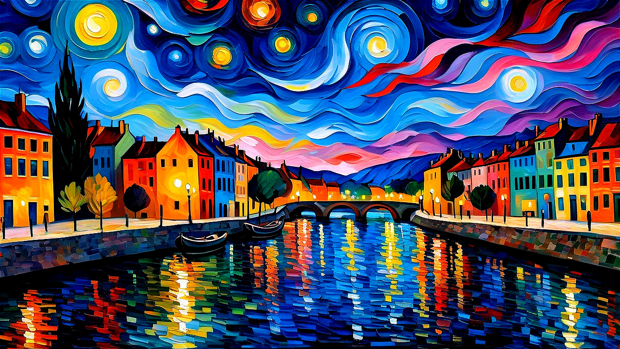 Colorful Twilight Landscape of a Riverside Town