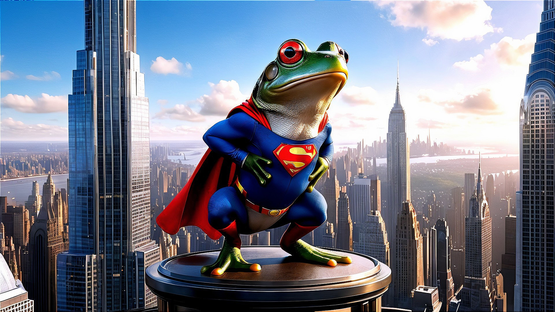 Superhero Frog on Rooftop Overlooking City Skyline