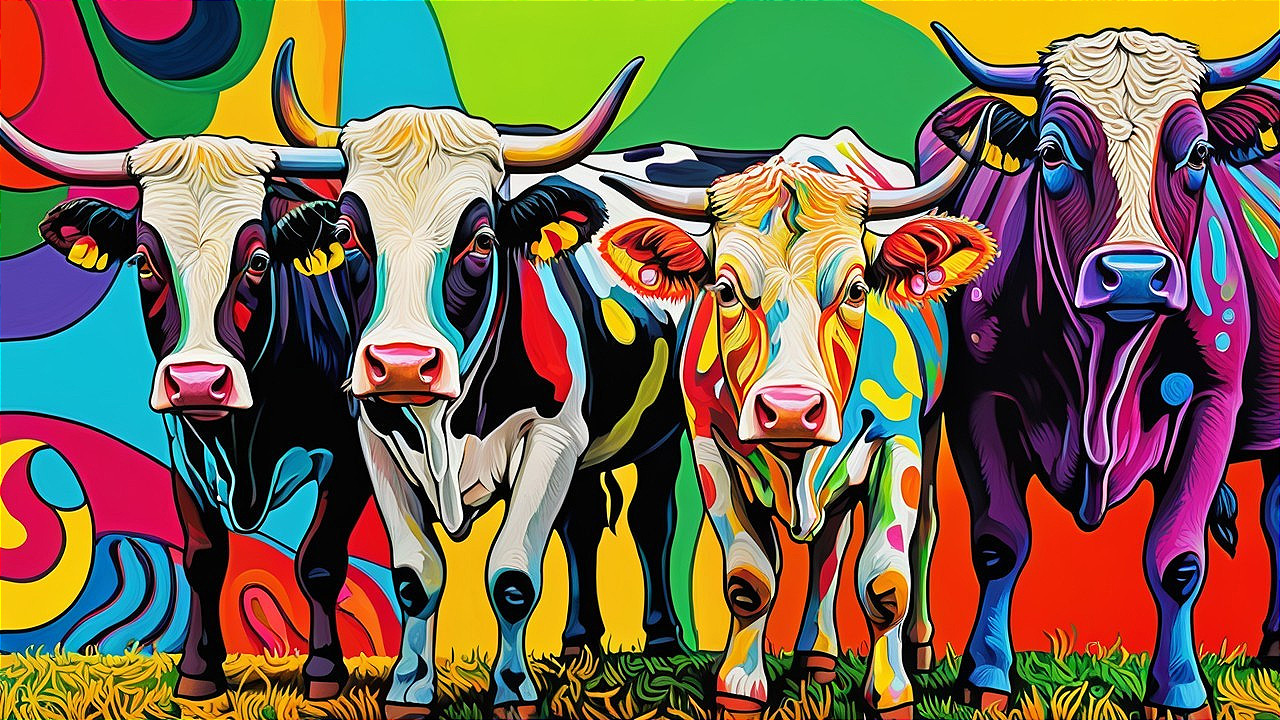 Stylized Cows with Colorful Patterns in Vibrant Landscape