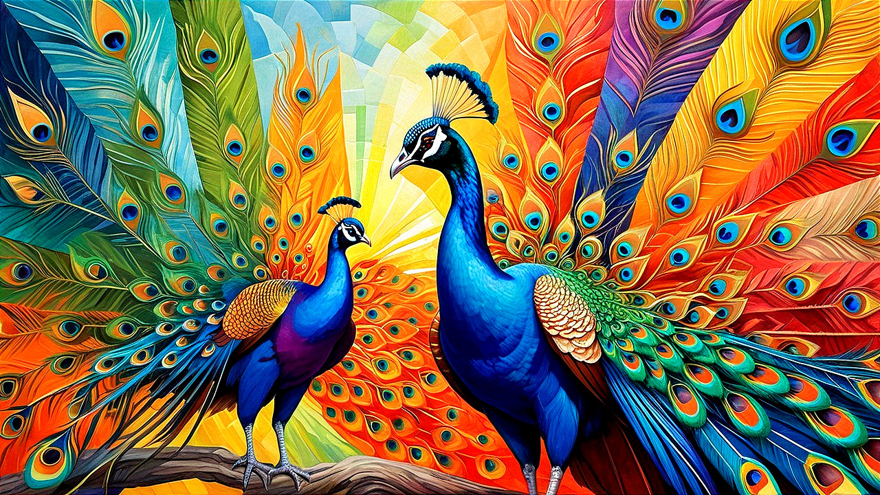 Vibrant Peacocks on a Colorful Branch Display