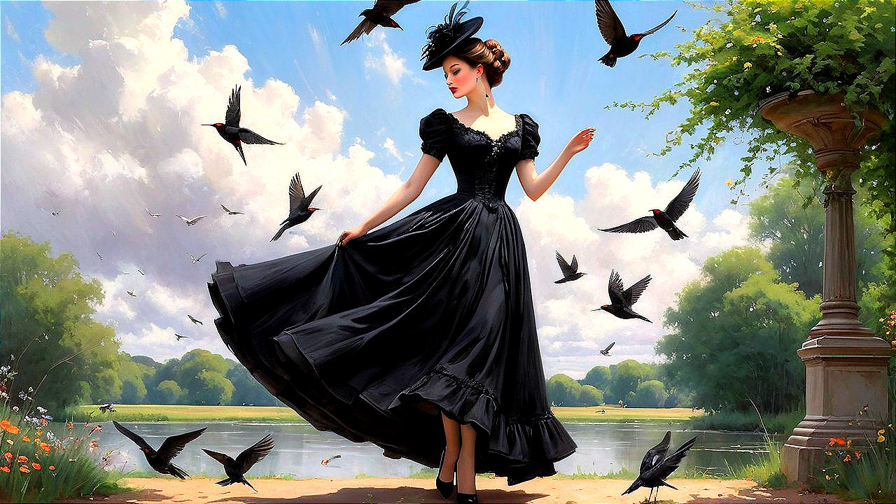 Elegant Woman in Black Dress by Serene Lake