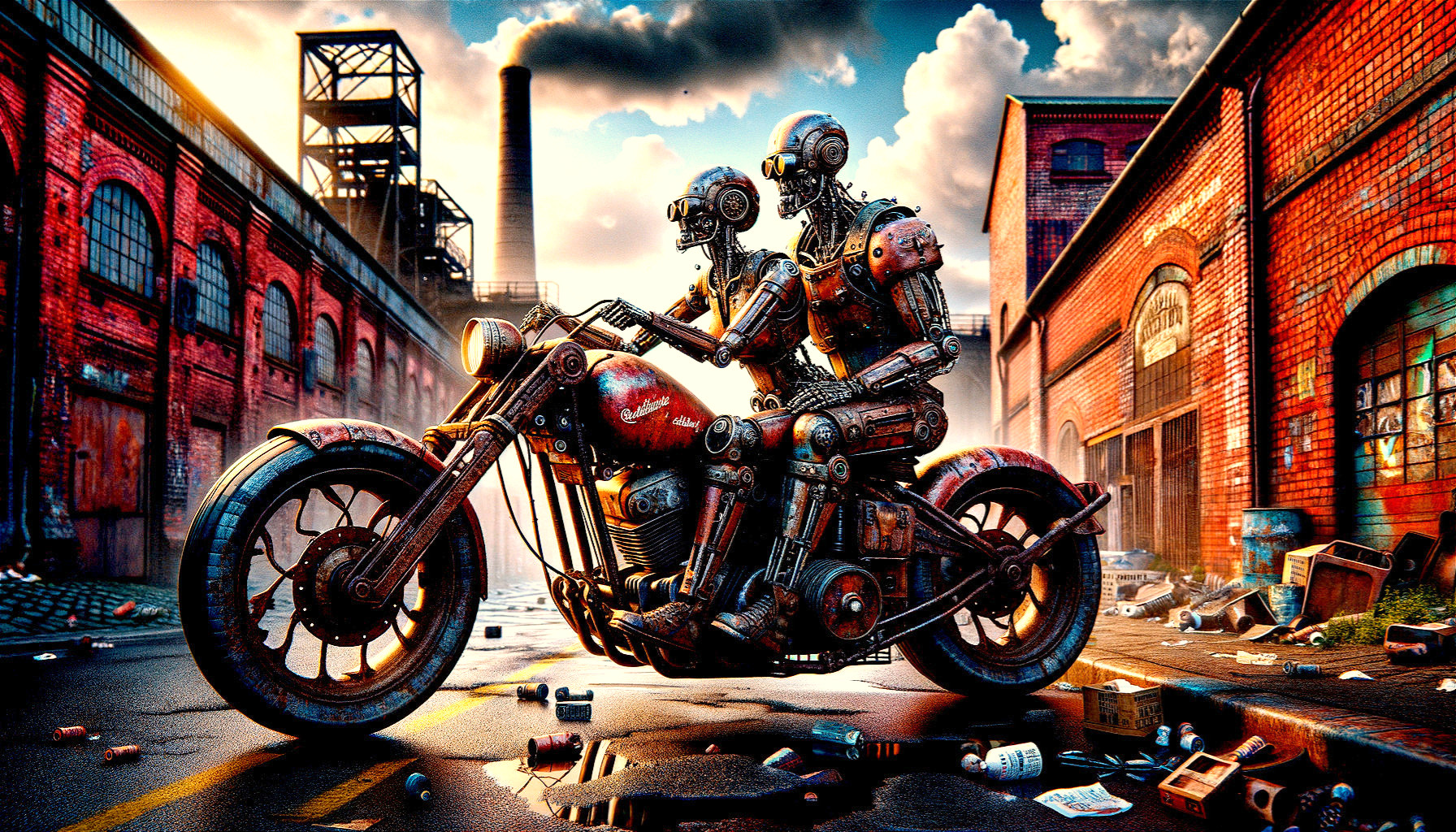 Futuristic Robot on Classic Motorcycle in Urban Setting