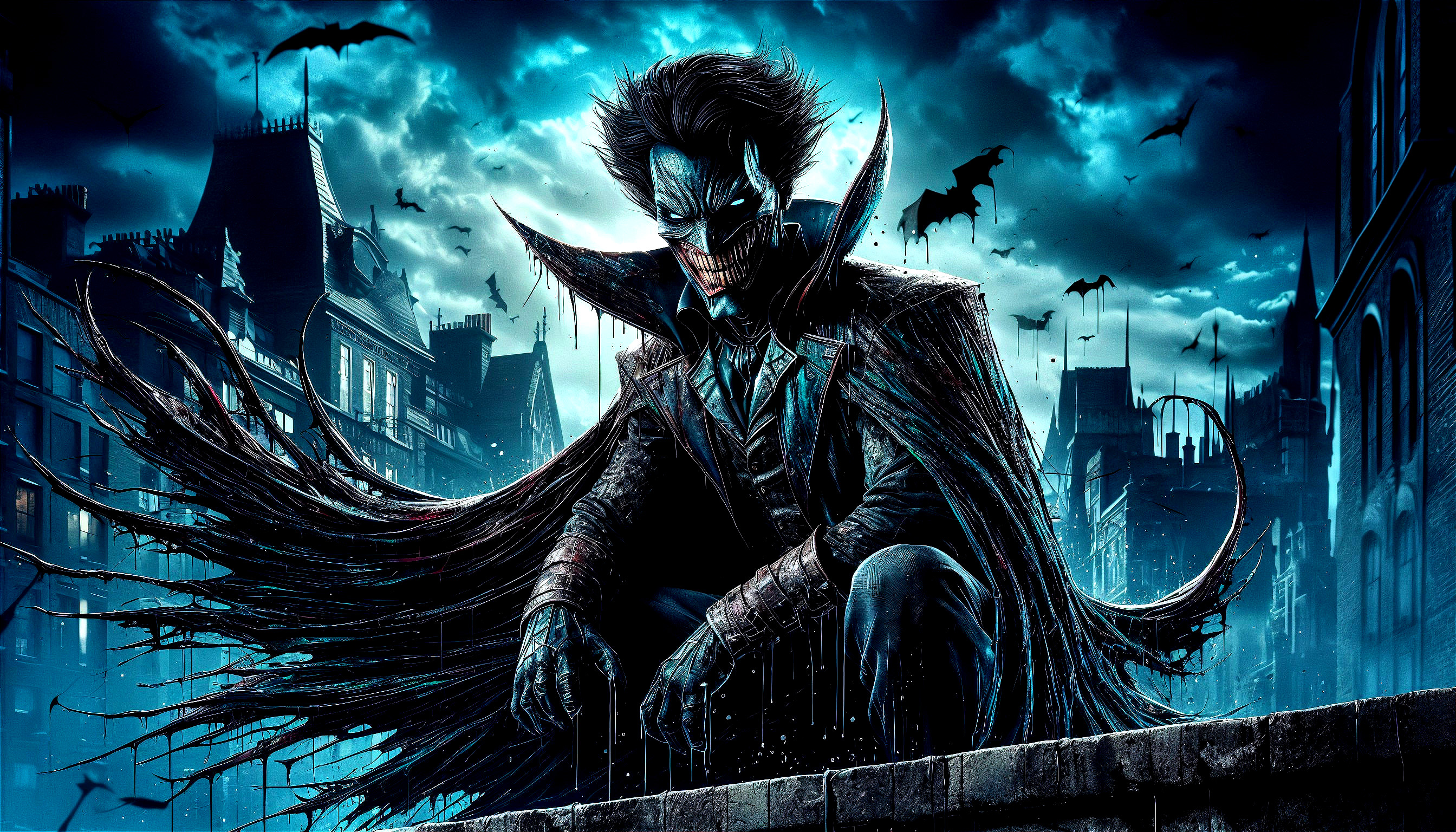 Shadowy Figure on Rooftop with Clown Mask and Bats