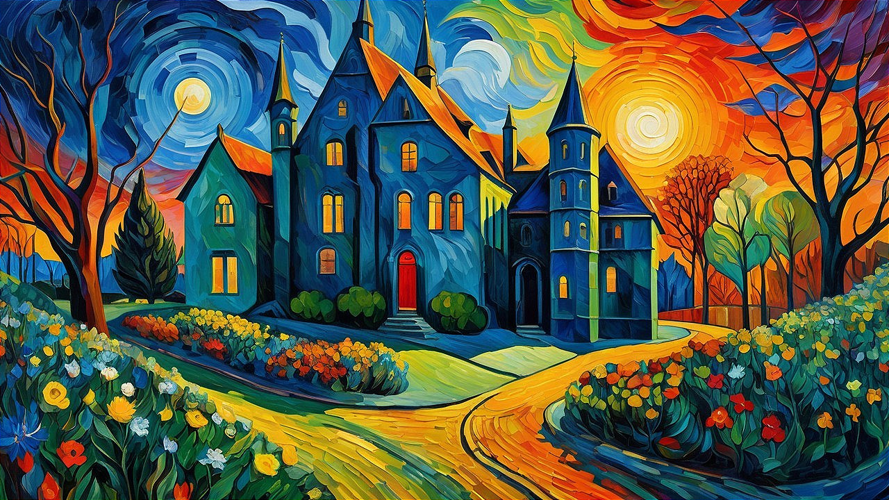 Vibrant Landscape with Dark Blue Castle and Sunset