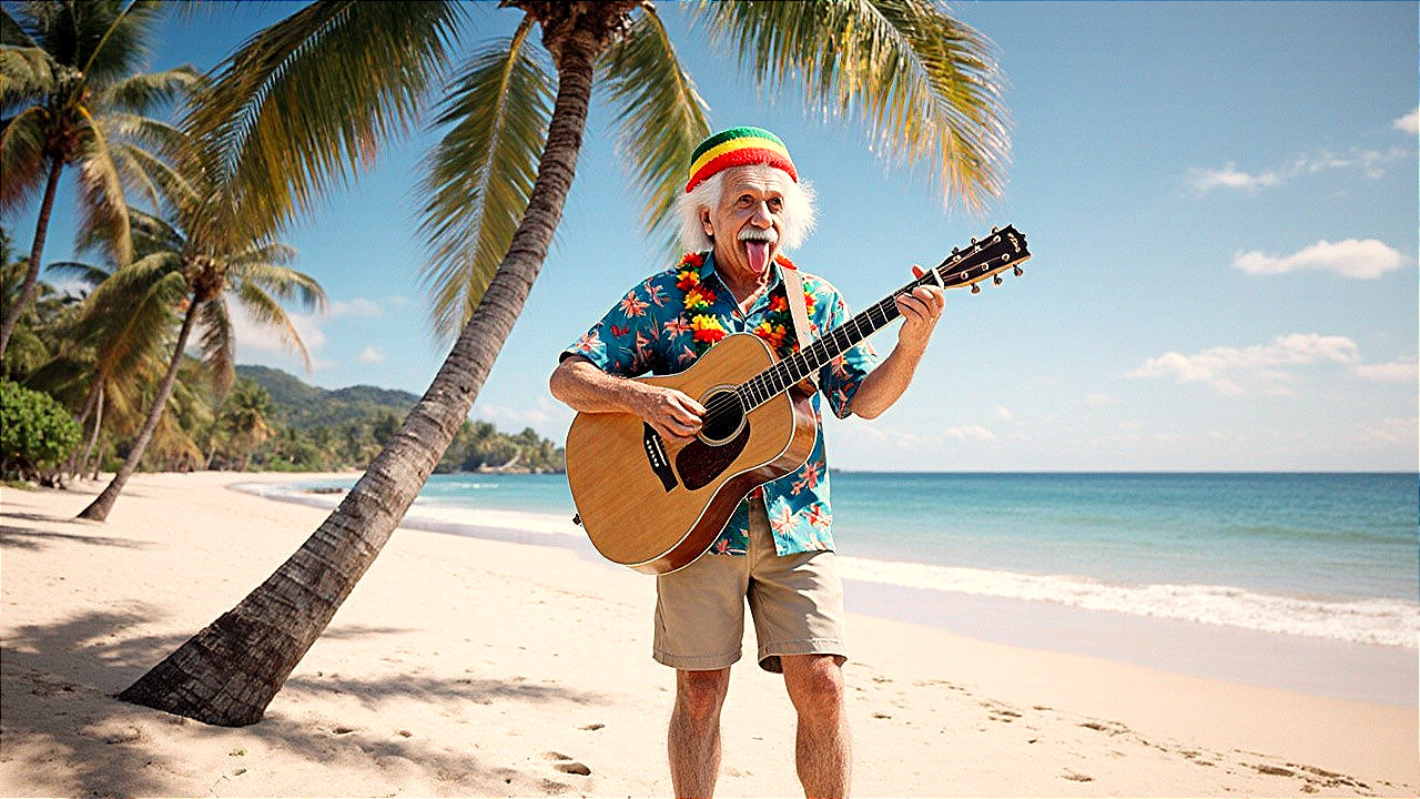 Einstein in Colorful Attire Playing Guitar at Beach